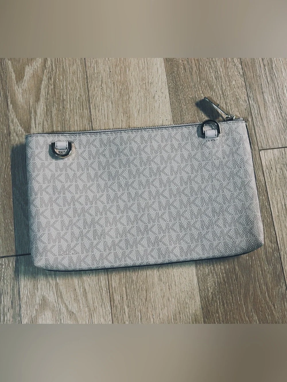 Michael Kors White and Light Gray MK Logo Wristlet Clutch